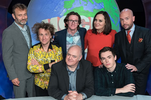 Mock The Week. Image shows from L to R: Hugh Dennis, Milton Jones, Ed Byrne, Dara O Briain, Deborah Frances-White, Rhys James, Tom Allen. Copyright: Angst Productions