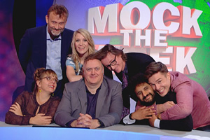 Mock The Week. Image shows from L to R: Kerry Godliman, Hugh Dennis, Rachel Parris, Dara O Briain, Ed Byrne, Nish Kumar, Ed Gamble. Copyright: Angst Productions