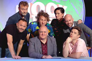 Mock The Week. Image shows from L to R: Hugh Dennis, Geoff Norcott, Milton Jones, Dara O Briain, Zoe Lyons, Tom Allen, Ed Gamble. Copyright: Angst Productions