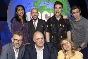 Mock The Week. Image shows from L to R: Hugh Dennis, Sindhu Vee, Tom Allen, Dara O Briain, Ed Gamble, Kerry Godliman, Rhys James. Copyright: Angst Productions