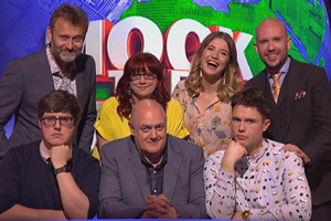 Mock The Week. Image shows from L to R: Hugh Dennis, Glenn Moore, Angela Barnes, Dara O Briain, Olga Koch, Ed Gamble, Tom Allen. Copyright: Angst Productions