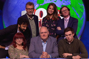 Mock The Week. Image shows from L to R: Nish Kumar, Angela Barnes, Hugh Dennis, Dara O Briain, Ellie Taylor, Ed Byrne, Rhys James. Copyright: Angst Productions