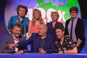 Mock The Week. Image shows from L to R: Hugh Dennis, Milton Jones, Rachel Parris, Dara O Briain, Kerry Godliman, Ed Gamble, Glenn Moore. Copyright: Angst Productions