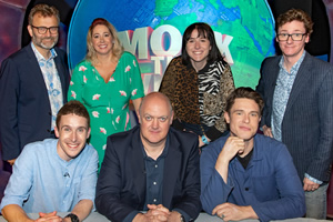 Mock The Week. Image shows from L to R: Hugh Dennis, Larry Dean, Tiffany Stevenson, Dara O Briain, Maisie Adam, Ed Gamble, Ed Byrne. Copyright: Angst Productions