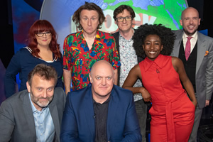 Mock The Week. Image shows from L to R: Hugh Dennis, Angela Barnes, Milton Jones, Dara O Briain, Ed Byrne, Sophie Duker, Tom Allen. Copyright: Angst Productions