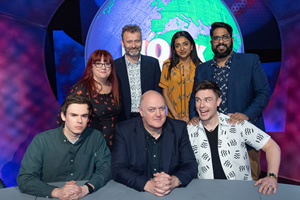 Mock The Week. Image shows from L to R: Rhys James, Angela Barnes, Hugh Dennis, Dara O Briain, Sindhu Vee, Ed Gamble, Eshaan Akbar. Copyright: Angst Productions