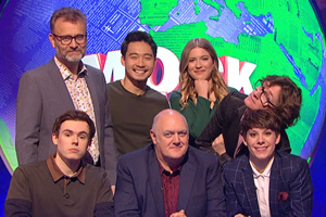 Mock The Week. Image shows from L to R: Hugh Dennis, Rhys James, Nigel Ng, Dara O Briain, Olga Koch, Ed Byrne, Suzi Ruffell. Copyright: Angst Productions