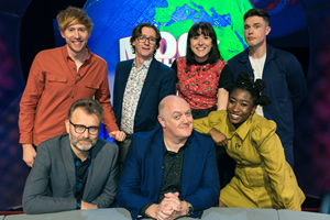 Mock The Week. Image shows from L to R: Mark Simmons, Hugh Dennis, Ed Byrne, Dara O Briain, Maisie Adam, Sophie Duker, Ed Gamble. Copyright: Angst Productions