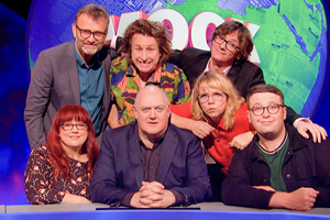 Mock The Week. Image shows from L to R: Angela Barnes, Hugh Dennis, Milton Jones, Dara O Briain, Ed Byrne, Kerry Godliman, Chris Washington. Copyright: Angst Productions