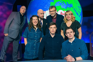 Mock The Week. Image shows from L to R: Dara O Briain, Rosie Jones, Tom Allen, Hugh Dennis, Ed Gamble, Kerry Godliman, Rhys James. Copyright: Angst Productions