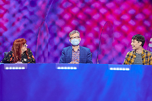 Mock The Week. Image shows from L to R: Angela Barnes, Hugh Dennis, Nigel Ng. Copyright: Angst Productions