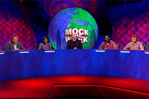 Mock The Week. Image shows from L to R: Hugh Dennis, Sophie Duker, Dara O Briain, Eshaan Akbar, Maisie Adam. Copyright: Angst Productions