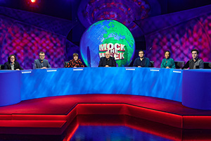 Mock The Week. Image shows from L to R: Ed Byrne, Hugh Dennis, Maisie Adam, Dara O Briain, Rhys James, Ria Lina. Copyright: Angst Productions