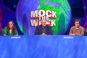 Mock The Week. Image shows from L to R: Catherine Bohart, Dara O Briain, Rhys James. Copyright: Angst Productions