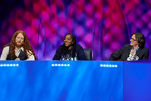 Mock The Week. Image shows from L to R: Alasdair Beckett-King, Athena Kugblenu, Ed Byrne. Copyright: Angst Productions