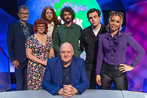 Mock The Week. Image shows left to right: Hugh Dennis, Angela Barnes, Alasdair Beckett-King, Josh Pugh, Dara O Briain, Rhys James, Ria Lina