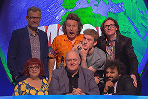 Mock The Week. Image shows left to right: Hugh Dennis, Angela Barnes, Milton Jones, Dara O Briain, James Acaster, Ed Byrne, Nish Kumar. Credit: Angst Productions