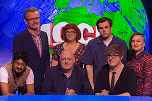 Mock The Week. Image shows left to right: Ahir Shah, Hugh Dennis, Dara O Briain, Angela Barnes, Rhys James, Glenn Moore, Laura Lexx