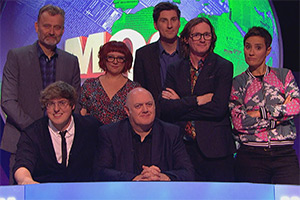 Mock The Week. Image shows left to right: Hugh Dennis, Glenn Moore, Angela Barnes, Dara O Briain, Sean McLoughlin, Ed Byrne, Jen Brister