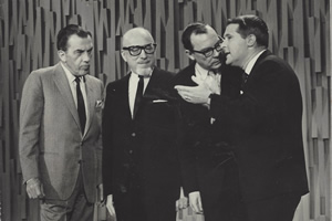 Ed Sullivan, his band leader, and Morecambe & Wise. Image shows from L to R: Eric Morecambe, Ernie Wise
