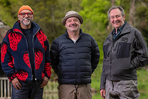 Mortimer & Whitehouse: Gone Fishing. Image shows left to right: Anand Patel, Bob Mortimer, Paul Whitehouse