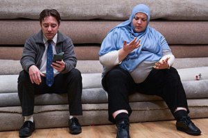 Mr Bigstuff. Image shows left to right: Glen (Ryan Sampson), Aysha (Fatiha El-Ghorri)