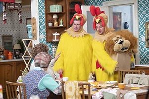 Mrs. Brown's Boys. Image shows left to right: Dermot Brown (Paddy Houlihan), Buster Brady (Danny O'Carroll). Credit: BocPix, BBC Studios