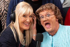 Mrs. Brown's Boys. Image shows left to right: Cathy Brown (Jennifer Gibney), Agnes Brown (Brendan O'Carroll). Credit: BocPix, BBC Studios