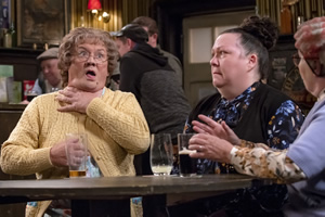 Mrs. Brown's Boys. Image shows from L to R: Agnes Brown (Brendan O'Carroll), Peggy Piper (Sue Vincent), Winnie McGoogan (Eilish O'Carroll)