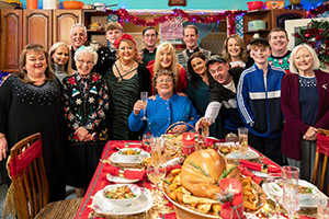 Mrs. Brown's Boys. Image shows left to right: Birdie (June Rodgers), Betty Brown (Amanda Woods), Mark Brown (Pat Shields), Winnie McGoogan (Eilish O'Carroll), Bono Brown (Jamie O'Carroll), Sharon McGoogan (Fiona Gibney), Trevor Brown (Martin Delany), Agnes Brown (Brendan O'Carroll), Cathy Brown (Jennifer Gibney), Father Damien (Conor Moloney), Maria Nicholson / Brown (Fiona O'Carroll), Buster Brady (Danny O'Carroll), Barbara (Emily Reagan), Blister (Blake O'Carroll), Dermot Brown (Paddy Houlihan), Maureen (Helen Roche). Credit: BBC Studios