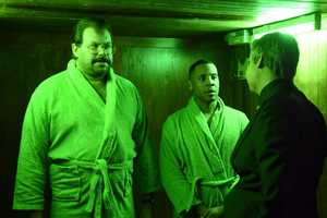 Murder In Successville. Image shows from L to R: DI Sleet (Tom Davis), Reggie Yates, Adrian Chiles (Colin Hoult)