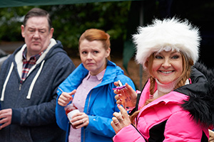 Murder, They Hope. Image shows from L to R: Terry (Johnny Vegas), Gemma (Sian Gibson), Monica (Sarah Hadland). Copyright: Shiny Button Productions