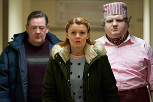 Murder, They Hope. Image shows from L to R: Terry (Johnny Vegas), Gemma (Sian Gibson), Ray (Ethan Lawrence). Copyright: Shiny Button Productions