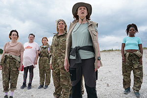 Murder, They Hope. Image shows left to right: Beatrice (Isy Suttie), Terry (Johnny Vegas), Gemma (Sian Gibson), Diane (Tamzin Outhwaite), Sandra (Vicki Pepperdine), Emma (Danielle Vitalis)