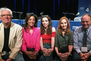 The Museum Of Curiosity. Image shows from L to R: Glyn Johns, Shazia Mirza, Bridget Christie, J.K. Rowling, John Lloyd. Copyright: BBC