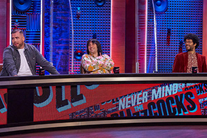 Never Mind The Buzzcocks. Image shows from L to R: DJ Majestic, Noel Fielding, Richard Ayoade