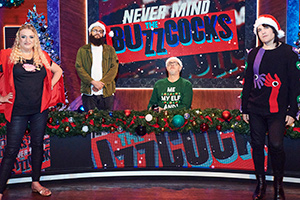 Never Mind The Buzzcocks. Image shows from L to R: Daisy May Cooper, Jamali Maddix, Greg Davies, Noel Fielding