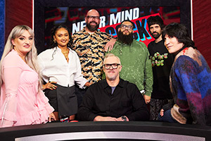 Never Mind The Buzzcocks. Image shows left to right: Daisy May Cooper, Joy Crookes, Tom Davis, Greg Davies, Jamali Maddix, Serge Pizzorno, Noel Fielding