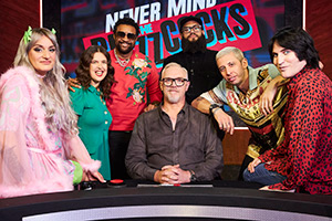 Never Mind The Buzzcocks. Image shows left to right: Daisy May Cooper, Rosie Jones, Shaggy, Greg Davies, Jamali Maddix, Example, Noel Fielding