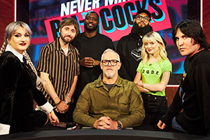 Never Mind The Buzzcocks. Image shows left to right: Daisy May Cooper, James Buckley, Lethal Bizzle, Greg Davies, Jamali Maddix, Maisie Peters, Noel Fielding