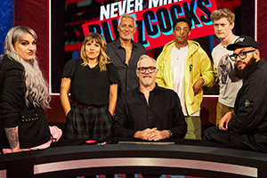 Never Mind The Buzzcocks. Image shows left to right: Daisy May Cooper, Kerry Godliman, Martin Kemp, Greg Davies, Loyle Carner, James Acaster, Jamali Maddix