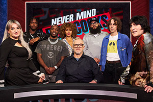 Never Mind The Buzzcocks. Image shows left to right: Daisy May Cooper, Casyo Johnson, Karl Wilson, Michelle De Swarte, Greg Davies, Jamali Maddix, Johnny Borrell, Noel Fielding