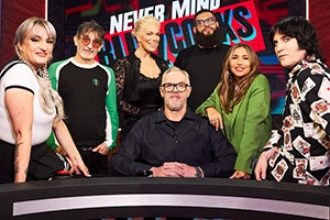 Never Mind The Buzzcocks. Image shows left to right: Daisy May Cooper, Ian Broudie, Hannah Waddingham, Greg Davies, Jamali Maddix, Melanie Blatt, Noel Fielding