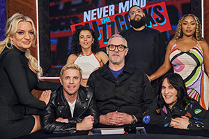 Never Mind The Buzzcocks. Image shows left to right: Daisy May Cooper, Jason Sellards, Jamie-Lee O'Donnell, Greg Davies, Jamali Maddix, Noel Fielding, Stefflon Don