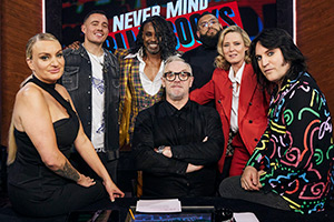 Never Mind The Buzzcocks. Image shows left to right: Daisy May Cooper, Dermot Kennedy, Billy Porter, Greg Davies, Jamali Maddix, Róisín Murphy, Noel Fielding