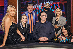 Never Mind The Buzzcocks. Image shows left to right: Daisy May Cooper, Katherine Ryan, Graham McPherson, Greg Davies, Jamali Maddix, Talia Mar, Noel Fielding