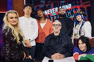 Never Mind The Buzzcocks. Image shows left to right: Daisy May Cooper, Phil Wang, Jordan Stephens, Greg Davies, Jamali Maddix, Ashnikko, Noel Fielding