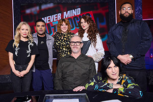 Never Mind The Buzzcocks. Image shows left to right: Lucy Beaumont, Shahid Khan, Sophie Willan, Greg Davies, Kate Nash, Noel Fielding, Jamali Maddix