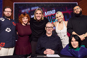 Never Mind The Buzzcocks. Image shows left to right: John Kearns, Sophie Willan, Charlie Simpson, Greg Davies, Pixie Lott, Noel Fielding, Jamali Maddix