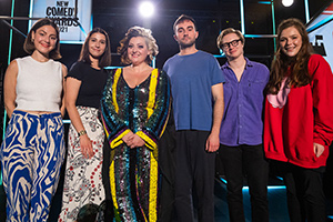 BBC New Comedy Awards. Image shows from L to R: Tamsyn Kelly, Priya Hall, Kiri Pritchard-McLean, Eddy Hare, Jamie Finn, Anna Thomas. Copyright: Phil McIntyre Entertainment